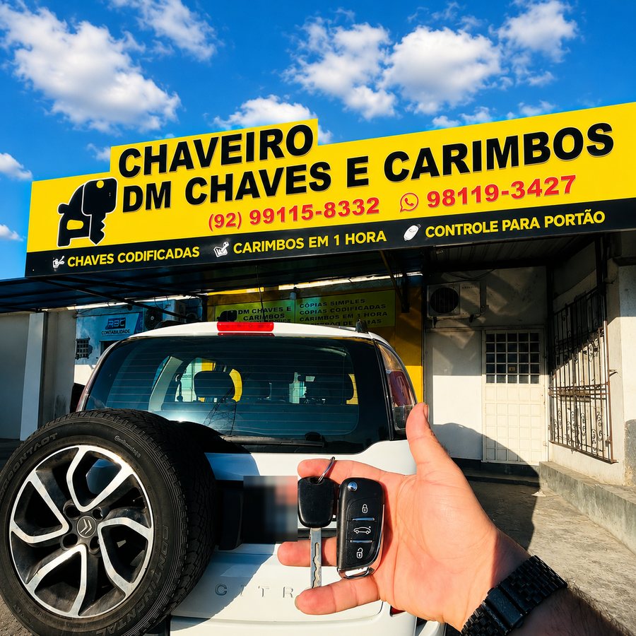 Fachada da loja do Chaveiro DM em Manaus, com o letreiro amarelo, os telefones e os serviços de chaves codificadas, carimbos em 1 hora e controle para portão